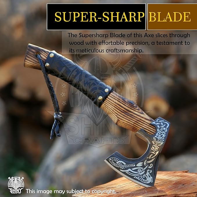 SHINY CRAFTS® Handcrafted Decorative Viking Axe with Leather-Wrapped Handle &amp Sheath – Engraved Blade – Ceremonial Collectible Gift for Men History Buffs Cosplay &amp Display (Set of 8 Viking A