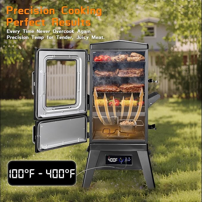 Large Vertical Electric Smoker Grill – 633 sq in | 4-Rack BBQ Smoker with Built-in Meat Probe Wood Chip Loader &ampWeather-Resistant Cover – Perfect for Steak Fish Ribs (Black)