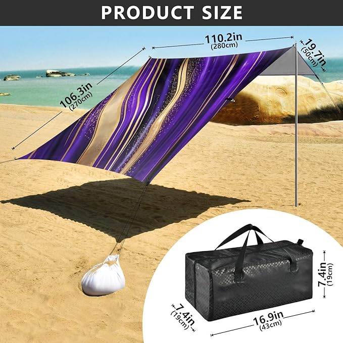 xigua Purple Texture Beach Tent Sun Shelter with Carrying Bag - Silver Coated Oxford Fabric Beach Canopy for Beach Camping Fishing - Includes Windproof Ropes Sandbags &amp Stakes