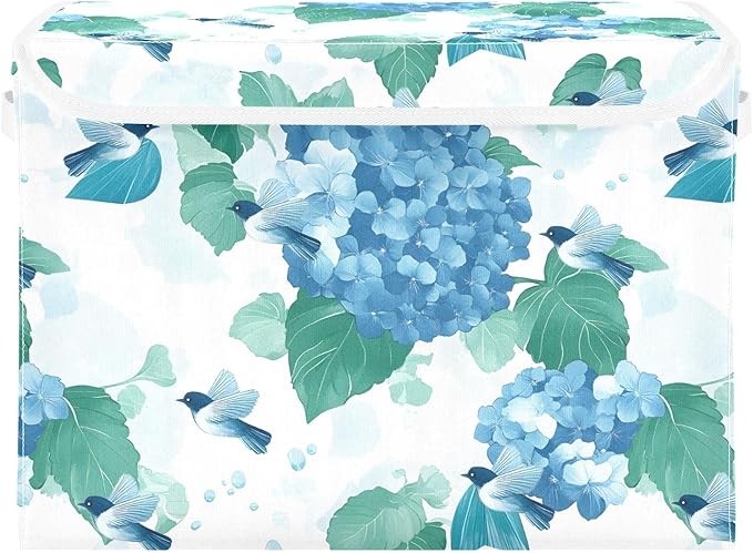 ALAZA Hydrangea Flower Bird Storage Bins Organizer Box Baskets Lidded Clothes for Shelves Closet Collapsible Stackable Storage Cubes Handles