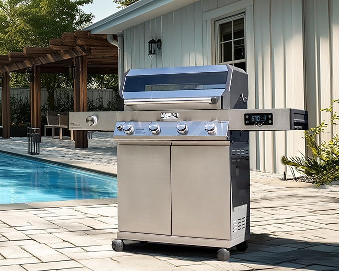 Monument Grills 4+1 Liquid Propane Gas Smart BBQ Grill 4 Burners &amp 1 Side Burner Denali 405 Stainless Steel with Smart technology Knob Controls Outdoor Use