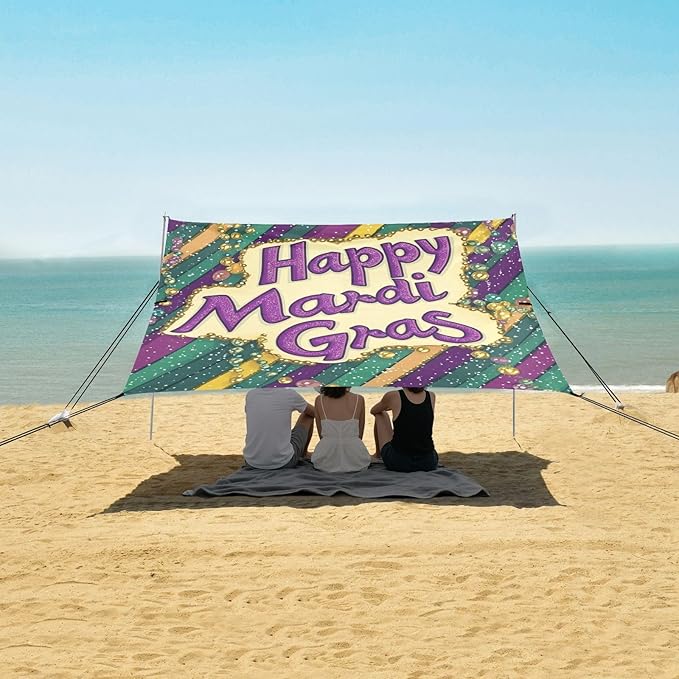Mardi Gras Carnival Tie Beads Tie Beach Tent UPF50+ Protection Easy Setup Portable Sun Shelter with Sand Shovel for Camping Picnics Backyard &amp Fishing