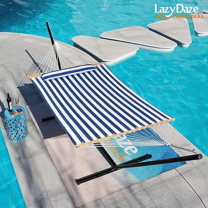 Lazy Daze Hammocks 12FT Quilted Fabric Double Hammock with Spreader Bars and Detachable Pillow 2 Person 450lbs Capacity Blue White