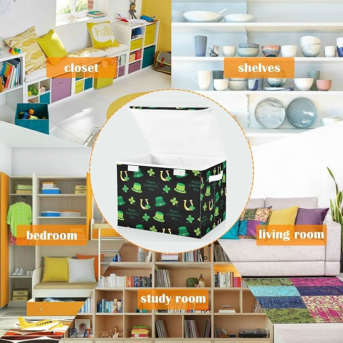 CaTaKu Large Fabric Storage Bins With LidsSaint Patrick's Day Storage Boxes With Handles for Organizing Clothes Collapsible Storage Cube Bins Baskets for Shelves