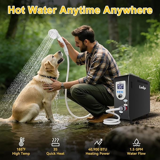 Portable Propane Water Heater for Camping Shower 40900 BTU 4500mAh Rechargeable Battery Tankless Water shower for Outdoor Shower with Pump Table Top Camp Water Heater for Camping and Vacationing
