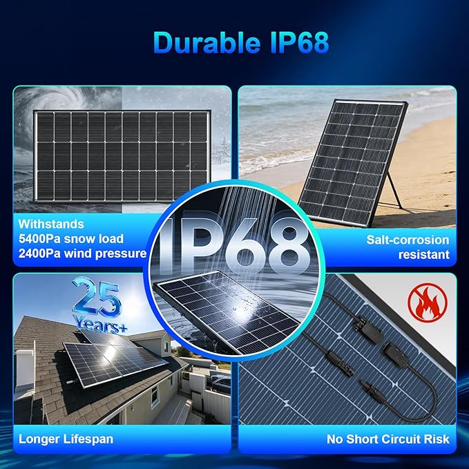 200W Solar Panel2PCS 100 watt Bifacial Solar Panel N-Type 16BB 25.6% High Efficiency 120 Watt Peak IP68 Grade A+ Cells for RV Trailer Marine Farm Rooftop Off-Grid System (Bifacial 100W*2)