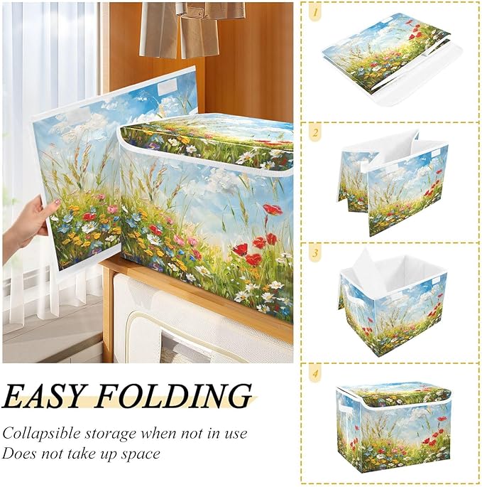 senya Large Storage Bins with Linen Oil Painting Flower Collapsible Foldable Storage Cubes Fabric Closet Organizer Containers Box with Flip-Top Lid for Home Bedroom Office 16.7 x 12.6 x 11.8in