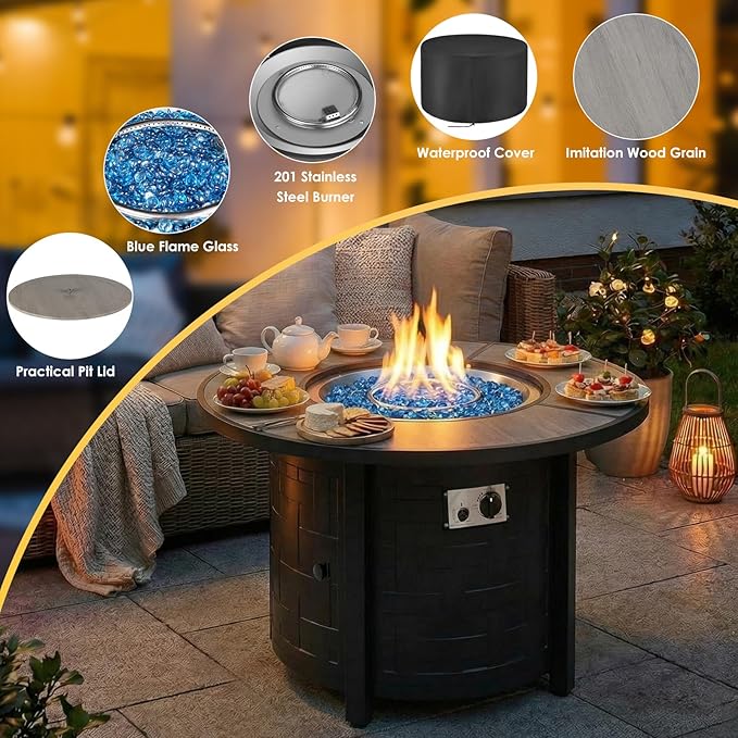 TLGREEN Propane Fire Pit Table 30 Inch Round – 50000 BTU Outdoor Fire Pit with Lid Converts to Patio Coffee Table Certified Includes Waterproof Cover &amp Blue Fire Glass(Grey)