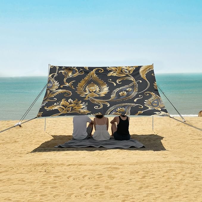 ALAZA Gold Paisley Beach Tent Sun Shelter UPF50+ Protection Beach Shade Canopy w/ 4 Sandbags for Outdoor Camping Fishing Backyard Fun Picnic 10x9 ft