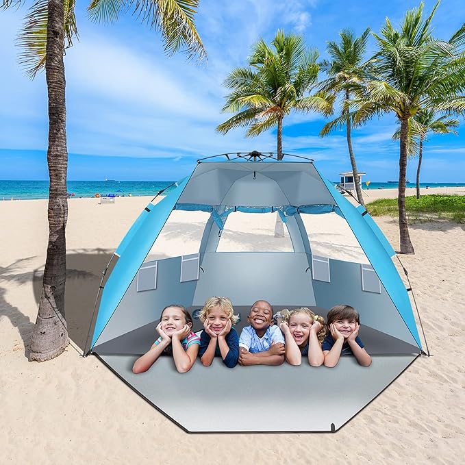 Beach TentPop Up Beach Tent Sun Shade Shelter with Fiberglass Pole Oxford ClothQuick-Open Free Ride Beachs Sun Shade