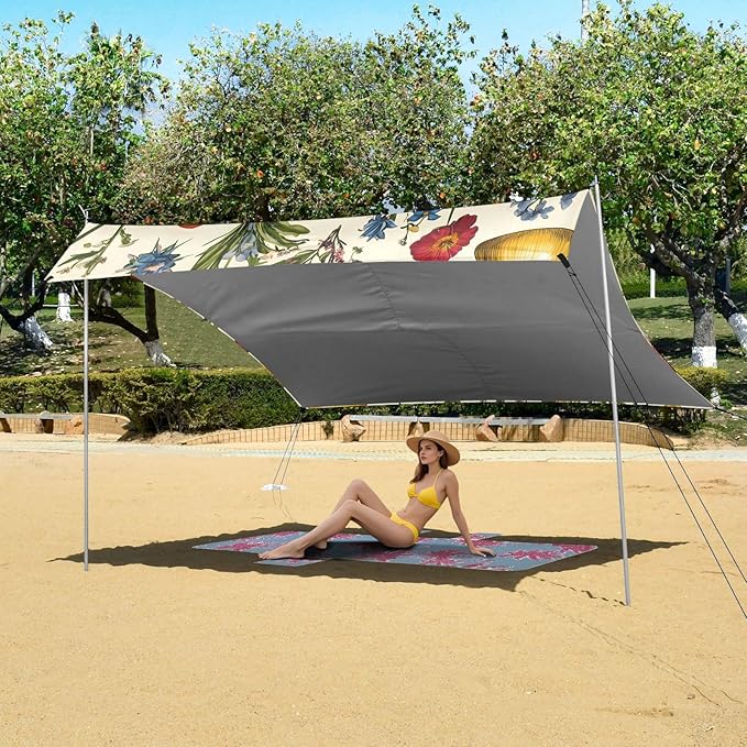Flowers Leafs Beach Tent UPF50+ Protection Water-Resistant Large Portable Sun Shelter with Sandbags &amp Sand Shovel for Family Trips Picnics &amp Camping