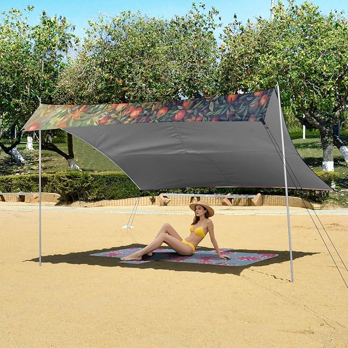 xigua Flamingos Beach Tent Sun Shelter with Carrying Bag - Silver Coated Oxford Fabric Beach Canopy for Beach Camping Fishing - Includes Windproof Ropes Sandbags &amp Stakes