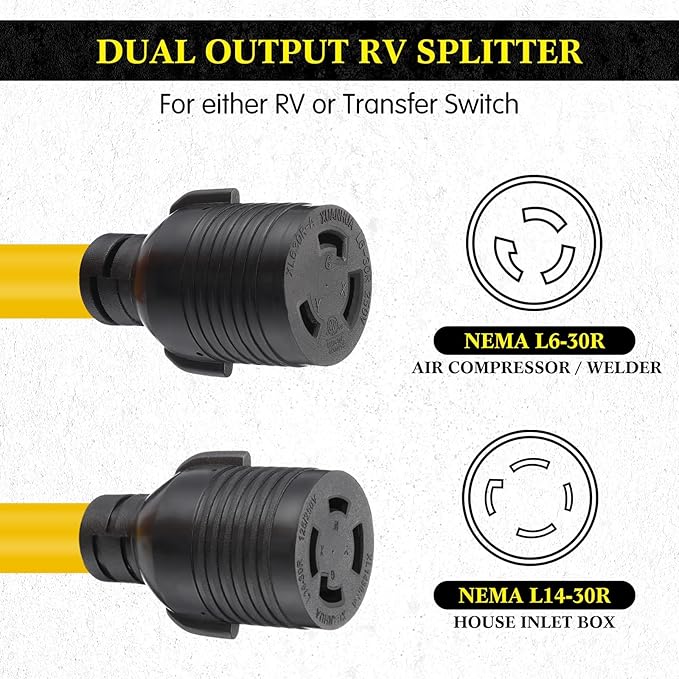 Kanayu L14-30p to L6-30r &amp L14-30r 30 Amp Generator Y Splitter Adapter Cord Compatible with NEMA Generator to Welder and House Inlet Box 8/2+10/2 STW Awg Etl Listed 2.5 ft