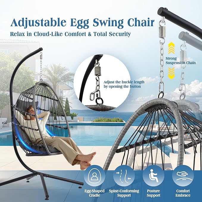 Hanging Egg Chair with Stand Foldable Hanging Chair with Cushion Wicker Rattan Hammock Swing Chair Indoor Outdoor Lounging Chair 350 LBS Capacity for Patio Bedroom Balcony Garden