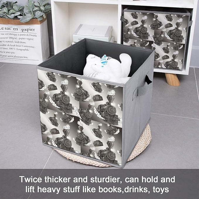 Collapsible Cube Storage Organizer with Handles Train Foldable Fabric Bin for Shelves Perfect for Closet Bathroom Kids' Room &amp Nursery