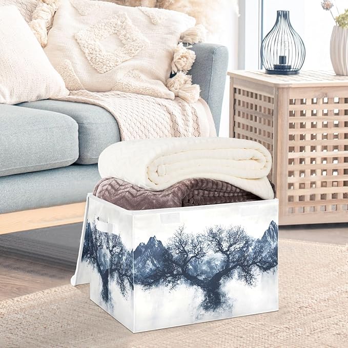Storage Cube with Lid Tree Mountain Print 16.5×12.6×11.8 IN 1 Pack Collapsible Large Capacity Foldable Storage Basket Bin Organizer