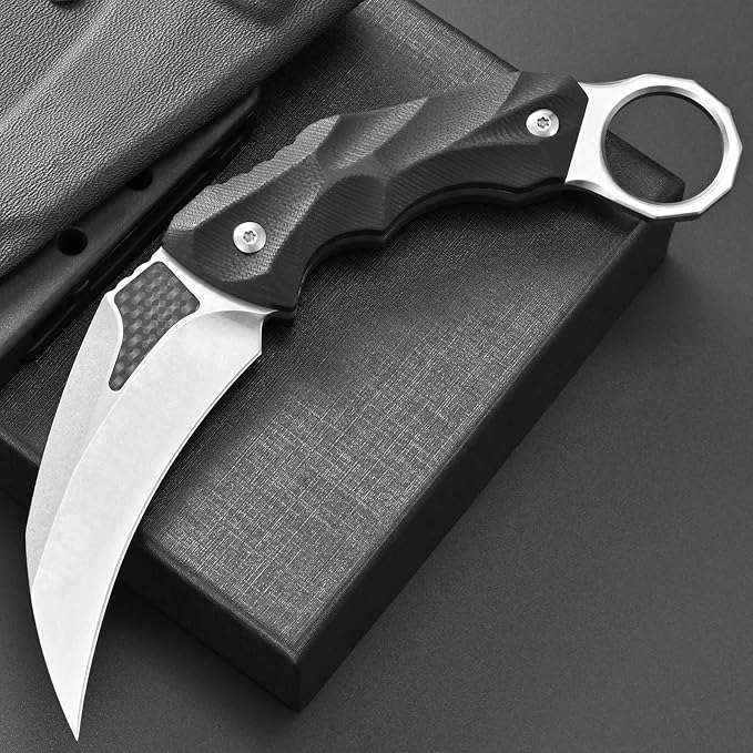 Ccanku C1692 Carbon Fiber Fixed Blade KnifeD2 Steel G10 Handle 4 Inches Camping EDC Tools Survival Claw Teeth Knife with Kydex Sheaths(Silver) … …