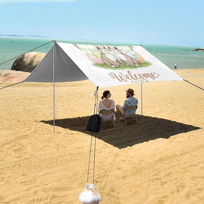 Easter Bunny Beach Canopy Sun Shelter with Sandbags &amp Sand Shovel &amp Windproof Ropes - Portable 110x126 Beach Shade Beach Tent for Camping Picnics