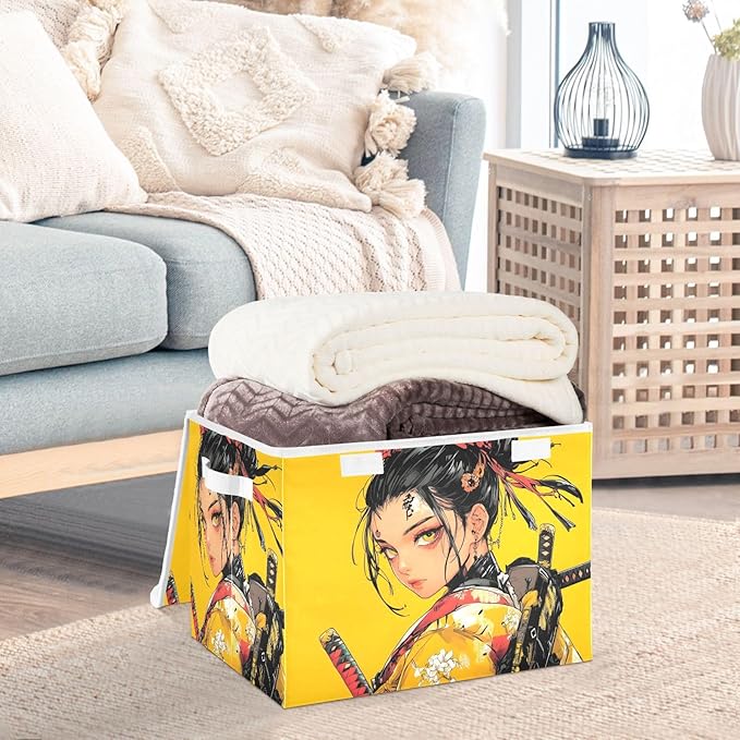 Storage Cube with Lid Fashion Samurai Print 16.5×12.6×11.8 IN Collapsible Large Capacity Foldable Storage Basket Bin Organizer