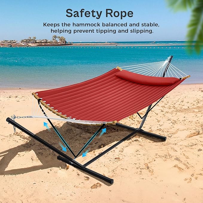 SUPERJARE Hammock with Stand 2 Person Heavy Duty Hammock with Padded Cotton Detachable Pillow &amp Strong Curved-Bar &amp Portable Carrying Bag Perfect for Outdoor &amp Indoor Red