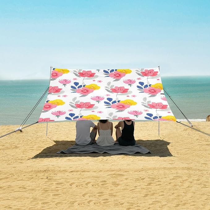 Beach Canopy with Windproof Ropes &amp Sandbags Beach Tent Sun Shade Sun Shelter for Camping Trips Fishing Backyard Fun or Picnics Flowers