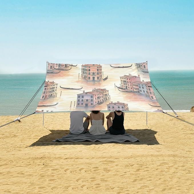 xigua City Scenery Beach Tent Sun Shelter with Carrying Bag - Silver Coated Oxford Fabric Beach Canopy for Beach Camping Fishing - Includes Windproof Ropes Sandbags &amp Stakes