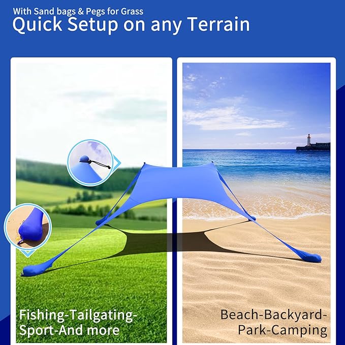77 FT Beach Tent Sun Shelter UPF50+ UV Protection Outdoor Canopy Tent Sun Shade with 2 Poles for Camping Fishing Backyard and Picnics with Sandproof Beach Blanket Royal Blue