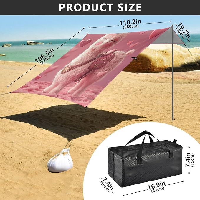 ALAZA Pink Llamaromantic with Heart Beach Tent Sun Shelter Portable Canopy Sunshade for Outdoor Camping Picnics Backyard Fun 10x9 ft
