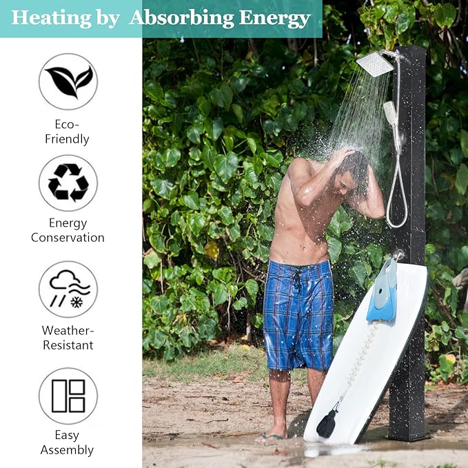 VINGLI 10.6 Gallon 7.5FT Solar Heated Shower with Shower Head Handheld Showerhead and Foot Shower Tap for Poolside Backyard Beach Pool Spa