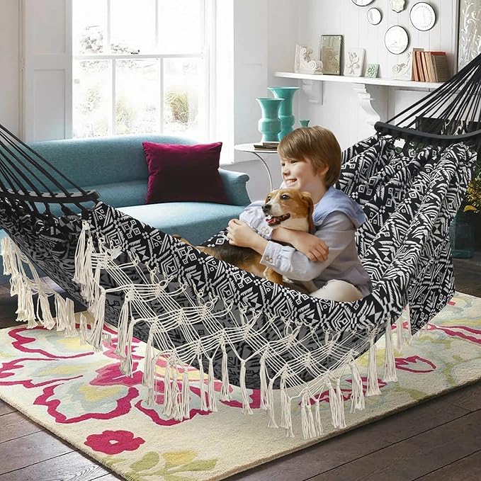 2 Person Hammock with PillowIndoor Hammocks with Portable Carry Bag Deluxe Macrame FringeCurved Spreader BarSide PocketPolycotton FabricUp to 450Lbs for PatioPorchBackyardBeachOutdoor