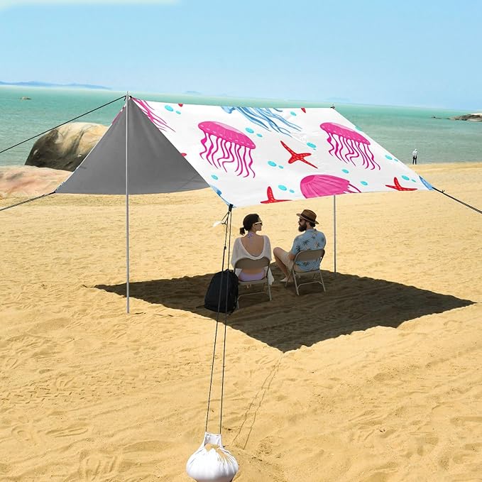 Beach Canopy with Windproof Ropes &amp Sandbags Beach Tent Sun Shade Sun Shelter for Camping Trips Fishing Backyard Fun or Picnics Jellyfish