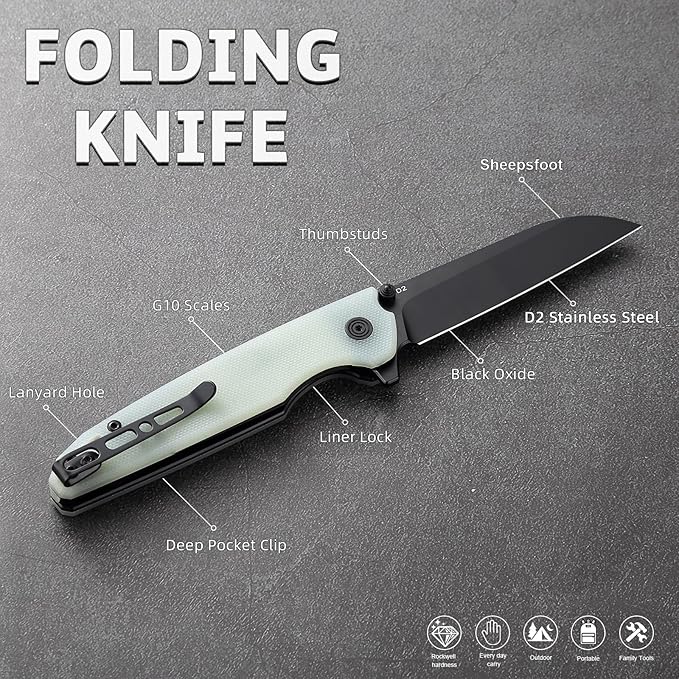 D2 Steel Folding Pocket Knife with Reversible Clip: 3.14 Black Sheepsfoot Blade Liner Lock G10 Handle Small EDC Flipper Knives Camping Tool for Man &amp Women Transparent Green