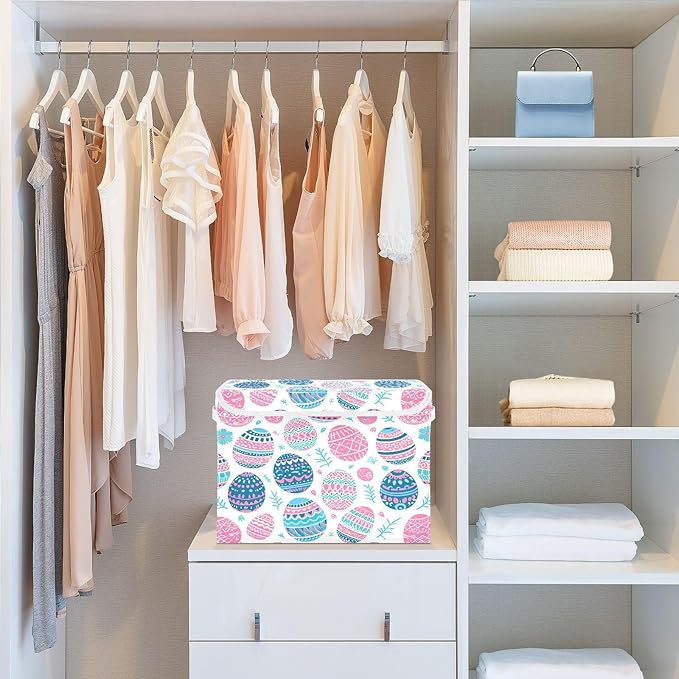 Christmas Storage Baskets with Lids Cute Eggs Collapsible Bins Stackable Fabric Linen Baskets Closet Organizer Container 16.5x12.6x11.8