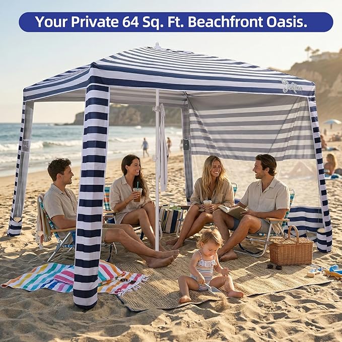 Jihfmo 8x8 Ft Large Beach Cabana Tent UPF 100+ Windproof Sun Shelter for Family - 64 Sq Ft Big Shade Canopy with Sand Anchors &amp Cooling Silver Glue Coating Easy Setup Portable Sunshade - Blue St
