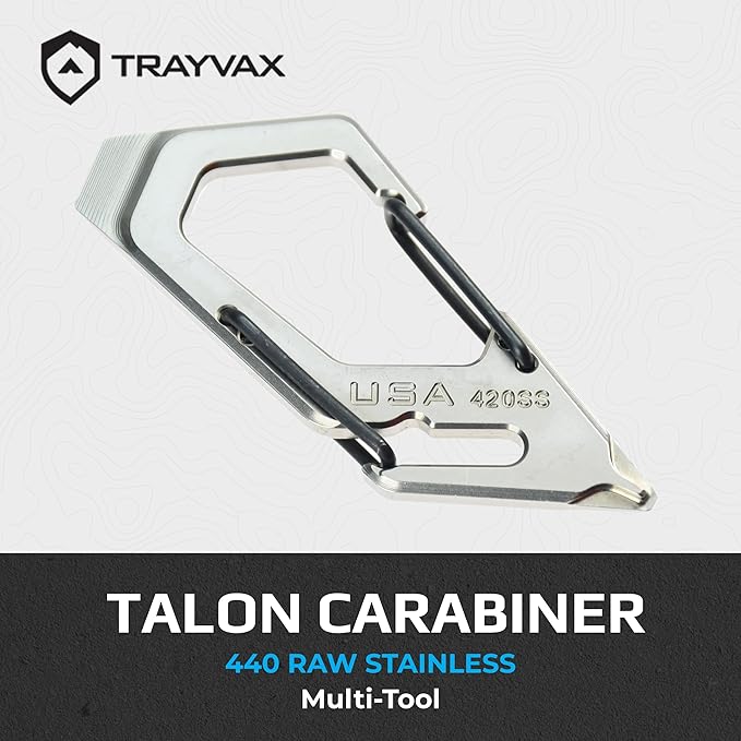 Trayvax Talon Carabiner Clip Multi-Tool 420 Stainless Steel Quick Release Keychain Multitool with Bottle Opener and Screwdrivers Silver