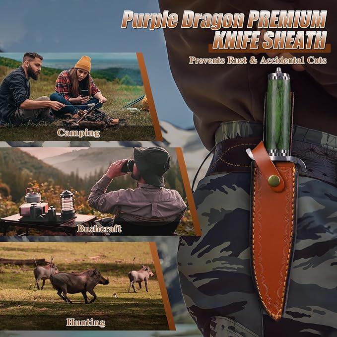 Purple Dragon Fixed Blade Knife with SheathCamping Knife with Damascus-Style Blade Pattern Damascus Knife with Green Pakkawood Handle for BushcraftSurvival&ampOutdoor Use