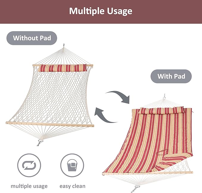 SUNCREAT Rope Hammocks for Outside with Polyester Pad and Stand Extra Large Double Hammock with Wooden Stand Red Strips