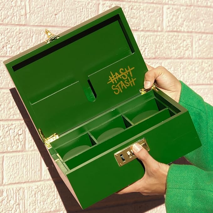 The OG Stash Storage Box - Large Bamboo Box with Combination Lock Magnetic Lid Organizer Tray 3 Jars and Brush - Portable Decorative Wooden Lock Kit with Accessories (Green/Gold)