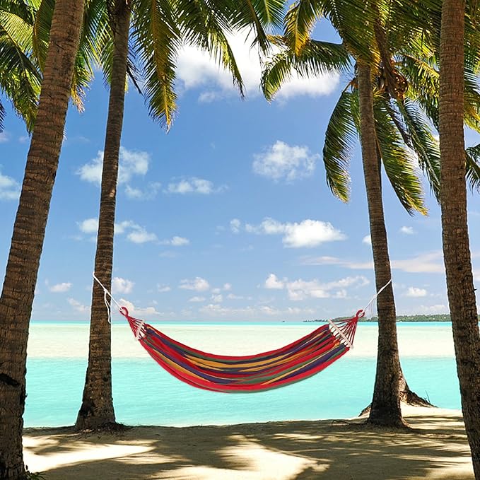 POPETPOP Extra-Wide Canvas Camping Hammock with Anti-Tipping Duckbill Buckle Two-Person Outdoor Travel Garden Beach Hammock for Hiking Backpacking