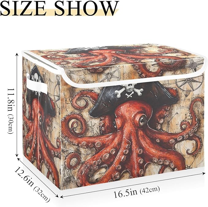 Octopus Pirate and Compass Collapsible Storage Bins with Lids Decorative Fabric Cubes Closet Organizer Basket Boxes Containers for Clothes Box Chest Folding Rectangle