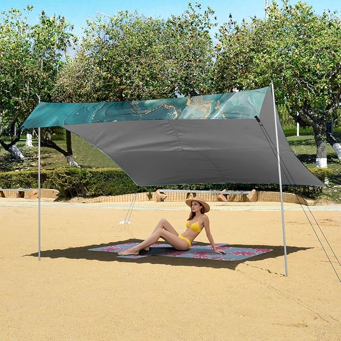 ALAZA Teal Blue Marble Beach Tent Sun Shelter Portable Canopy Sunshade for Outdoor Camping Picnics Backyard Fun 10x9 ft