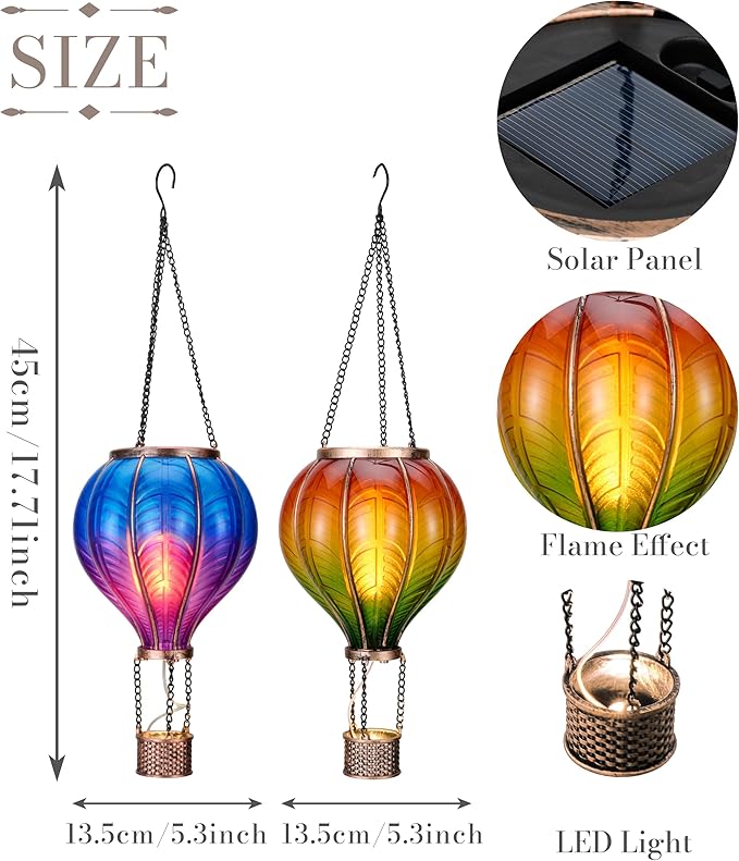 TERESA'S COLLECTIONS 2 Pack Hanging Solar Lantern Outdoor Garden Decor for Valentine Waterproof Plastic Hot Air Balloon Orange Flickering Flame Effect Lantern for Yard TreeGift for Mom18