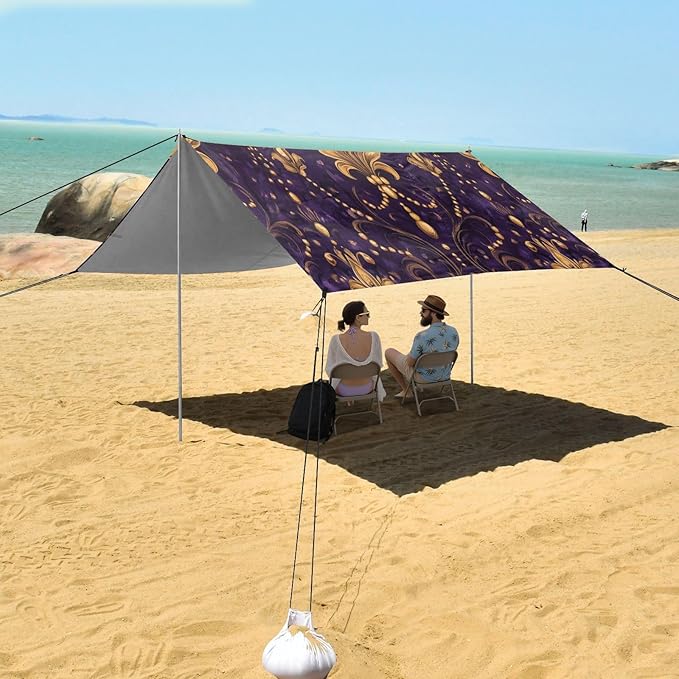 Fleur De Lis Flower Mardi Gras Beach Tent Sun Shelter Set UPF50+ UV Protection 10.5 x 9.19 FT Camping Shade Canopy with Sandbags Sand Anchors Carrying Bag and Others