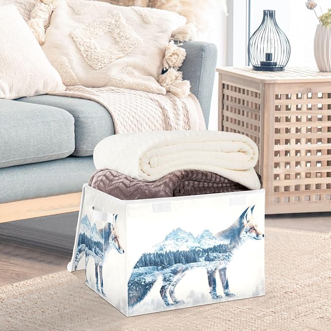 Storage Cube with Lid Fox Mountain Print 16.5×12.6×11.8 IN Collapsible Large Capacity Foldable Storage Basket Bin Organizer