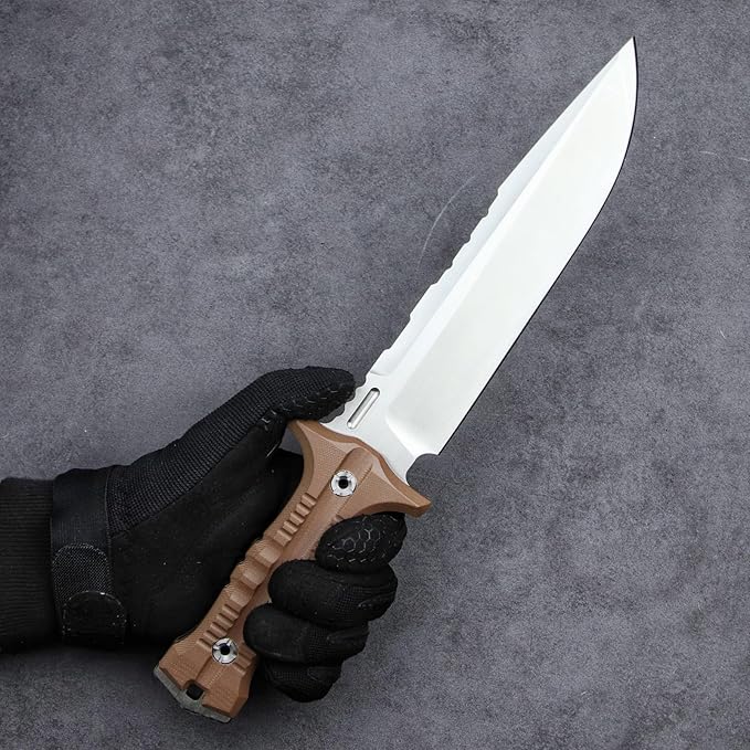 Dragon 12.8 Inch Sleipner Steel Full Tang Fixed BladeOutdoor Camping Tactics KnifeSatin PolishingG10 Handle with leggings Kydex Sheath (Brown handle white blade)