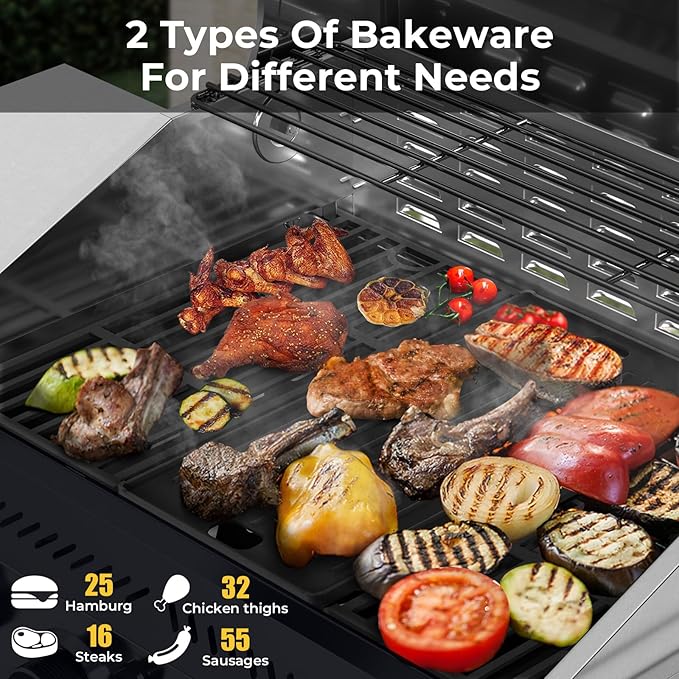 R.W.FLAME 4-Burner Gas Grill with Side Burner Stainless Steel Propane Grill 42000BTU for Outdoor Cooking with Porcelain-Enameled Cast Iron Grates Baking Pan Silver