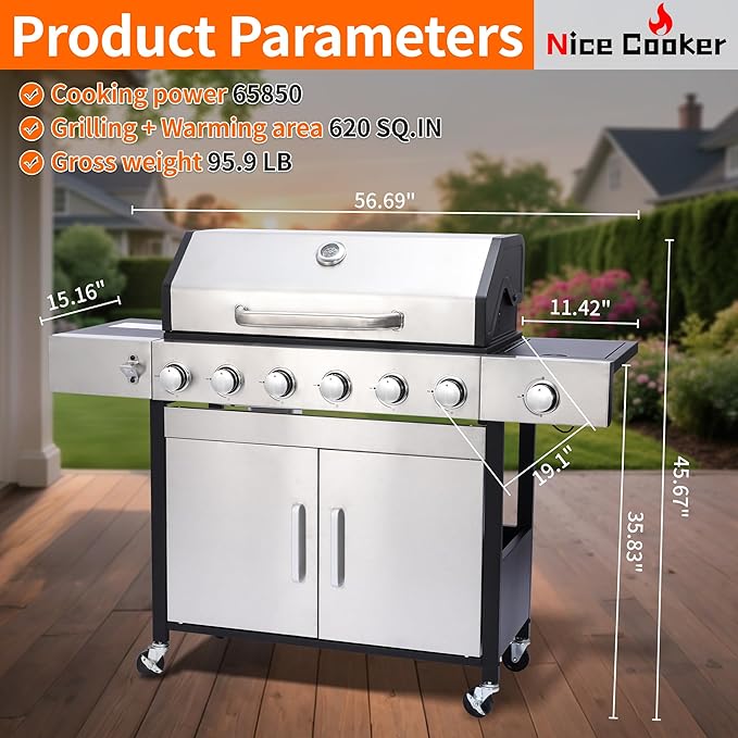 6-Burner Propane Gas BBQ Grill with Side Burner - 65850 BTU Total Output Stainless Steel Grills with Enameled Cast Iron Grill for Outdoor Backyard Barbecue 620 SQ. IN. Cooking Area