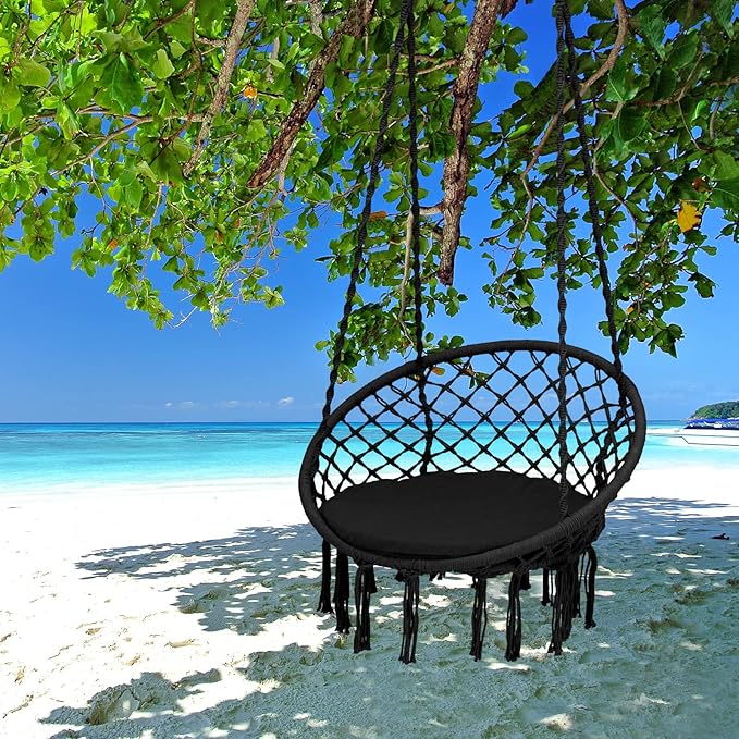 Giantex Hammock Chair Macrame Swing - Hanging Chair with Cushion and Hardware Kit 330 LBS Weight Capacity Indoor Swing for Hammock Stand Patio Balcony Living Room Hammock Swing (Black)