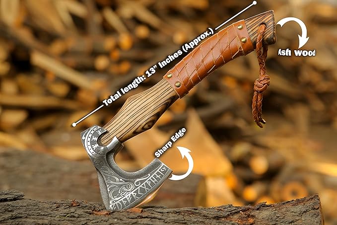 13” Inch Viking Axe- Ash Wood Handle Hatchets and Axes with Leather Wrap Wood Splitting Axe Camping Axe Throwing Axes and Tomahawks - Gift for Father’s Day Husband(Rare Viking)
