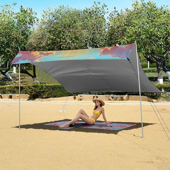 ALAZA Sunset Seawave Beach Beach Tent Sun Shelter UPF50+ Protection Beach Shade Canopy w/ 4 Sandbags for Outdoor Camping Fishing Backyard Fun Picnic 10x9 ft